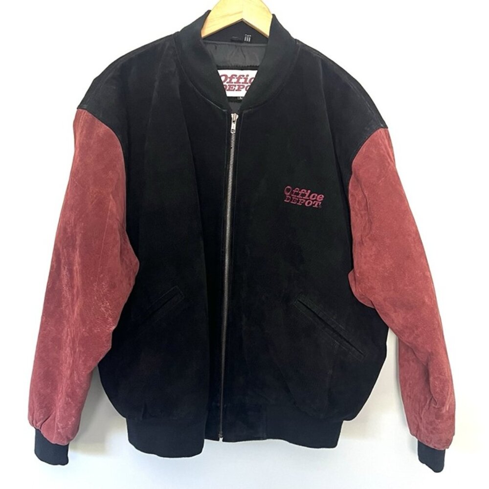 Office Depot Men’s Suede Bomber Jacket Sz L Colorblock Preppy Varsity 90s Grunge